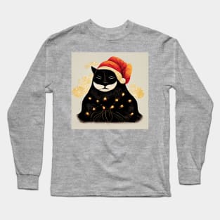 Black Santa Cat Tangled Up In Lights Christmas Santa Long Sleeve T-Shirt